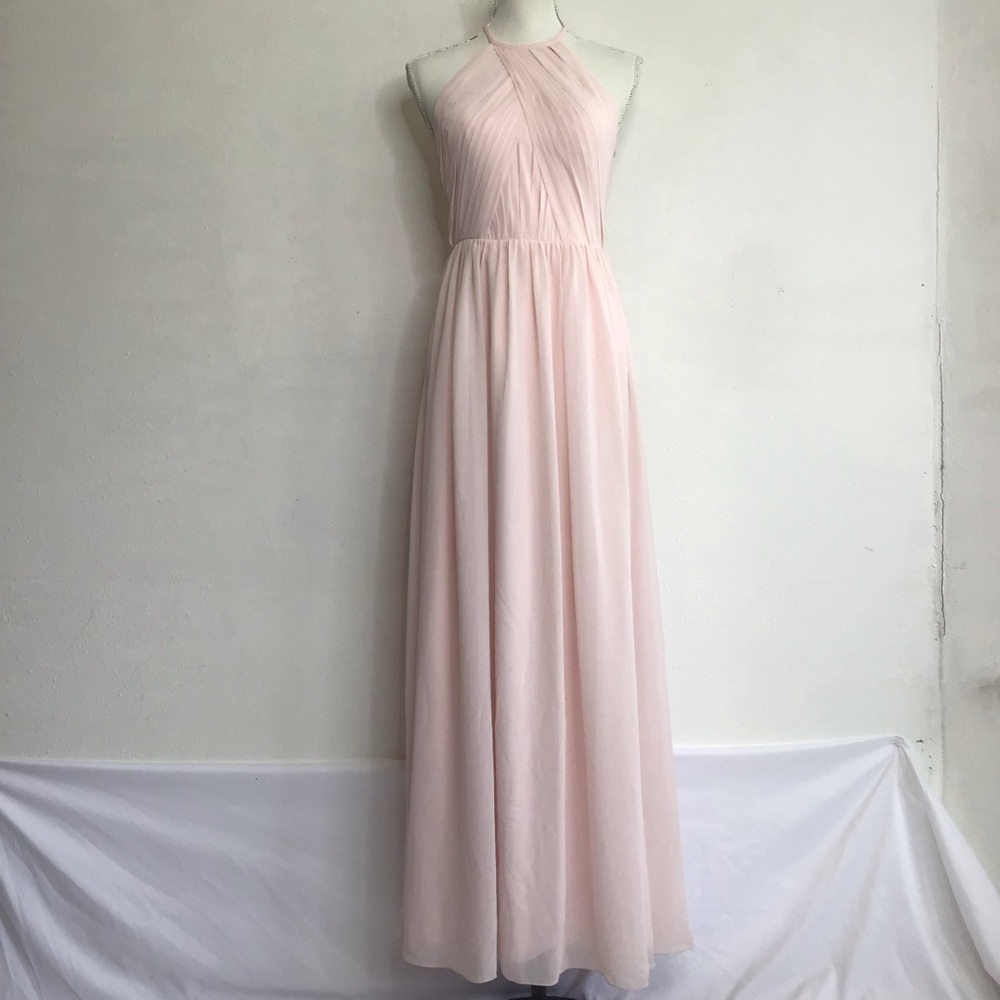JJ’s HOUSE WOMEN ELEGANT CHIC PINK COLLAR HALTERED PLEATED CHIFFON MAXI DRESS S